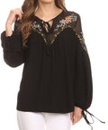 Sakkas Enya Long Sleeve Adjustable Bell Sleeve Batik Blouse Top Shirt#color_Black