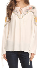 Sakkas Enya Long Sleeve Adjustable Bell Sleeve Batik Blouse Top Shirt#color_White