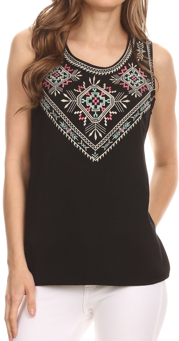 Sakkas Elita Sleeveless Tank Top Batik Aztec Embroidered Shirt Blouse#color_Black