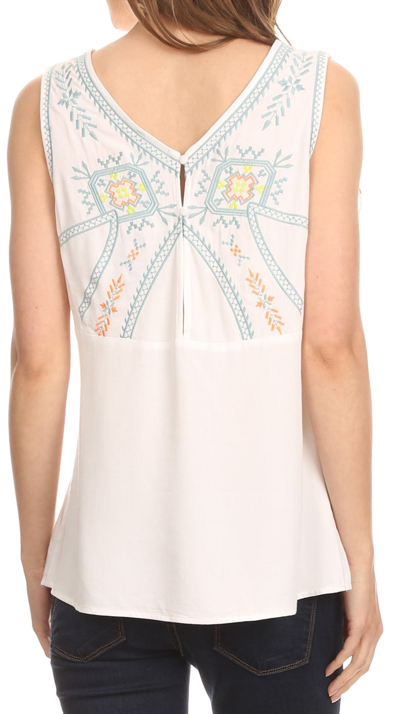 Sakkas Elita Sleeveless Tank Top Batik Aztec Embroidered Shirt Blouse