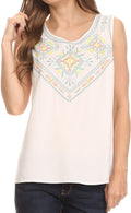 Sakkas Elita Sleeveless Tank Top Batik Aztec Embroidered Shirt Blouse#color_White
