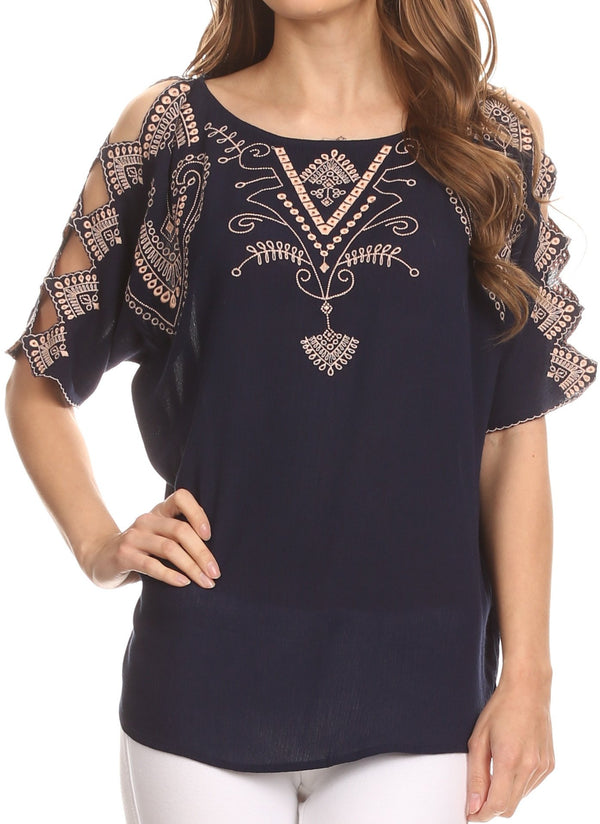 Sakkas Enya Batik Wide Scoop Neck Blouse Shirt Top Open Sleeves#color_Navy