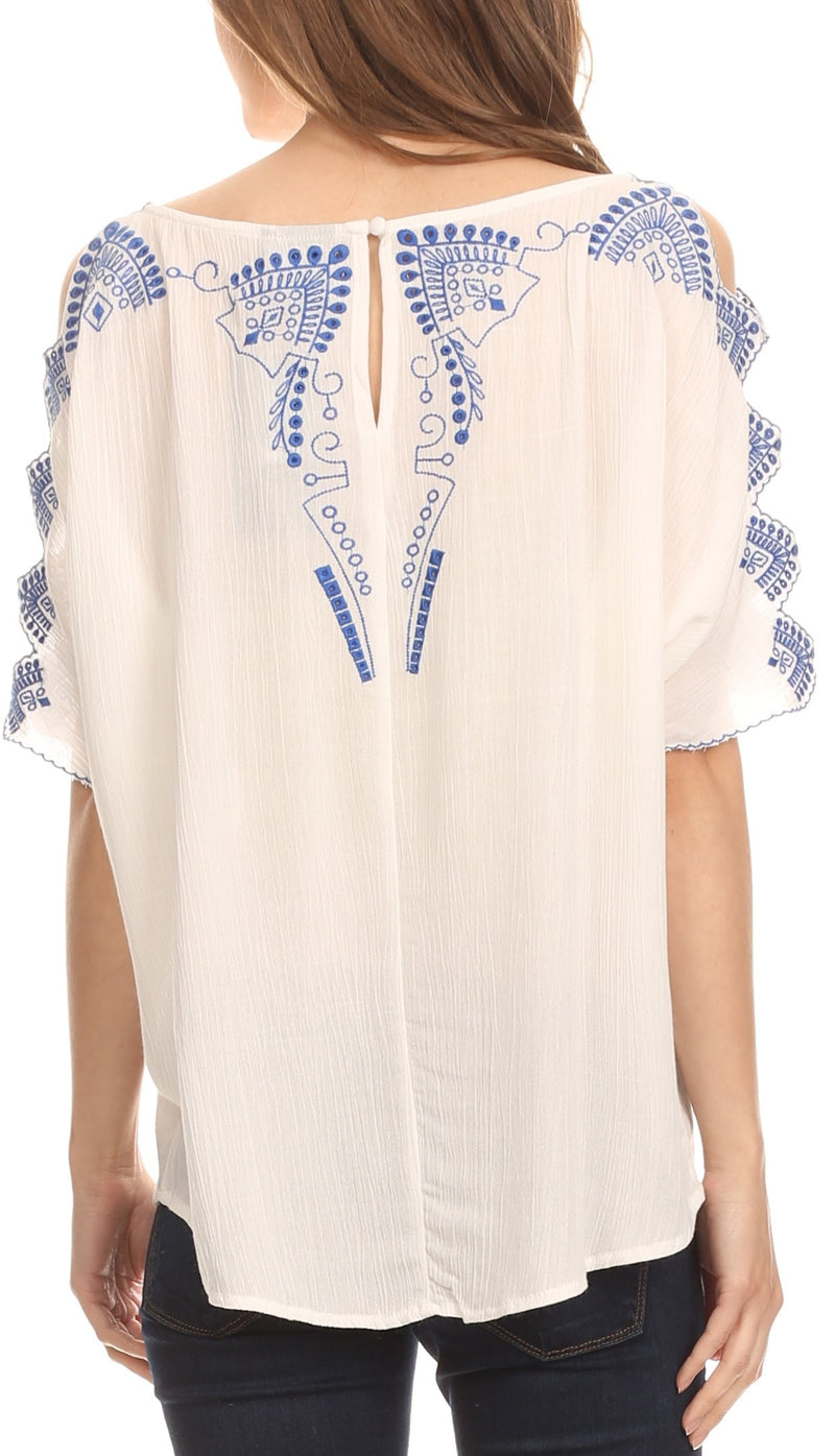Sakkas Enya Batik Wide Scoop Neck Blouse Shirt Top Open Sleeves