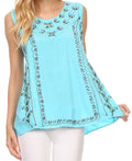 Sakkas Koonya Long Light Scoop Neck Nature Embroidered Sleeveless Tank Top Blouse#color_Aqua