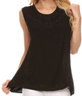 Sakkas Koonya Long Light Scoop Neck Nature Embroidered Sleeveless Tank Top Blouse#color_Black