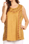Sakkas Koonya Long Light Scoop Neck Nature Embroidered Sleeveless Tank Top Blouse#color_Brown