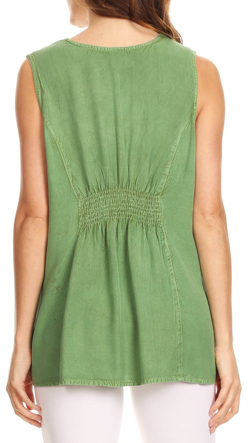 Sakkas Koonya Long Light Scoop Neck Nature Embroidered Sleeveless Tank Top Blouse