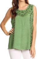 Sakkas Koonya Long Light Scoop Neck Nature Embroidered Sleeveless Tank Top Blouse#color_Green