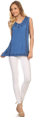 Sakkas Koonya Long Light Scoop Neck Nature Embroidered Sleeveless Tank Top Blouse