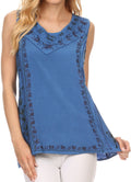 Sakkas Koonya Long Light Scoop Neck Nature Embroidered Sleeveless Tank Top Blouse#color_Navy