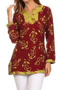 Sakkas Callie Anchor Long Sleeve Cotton Tunic Blouse#color_Burgundy/Green