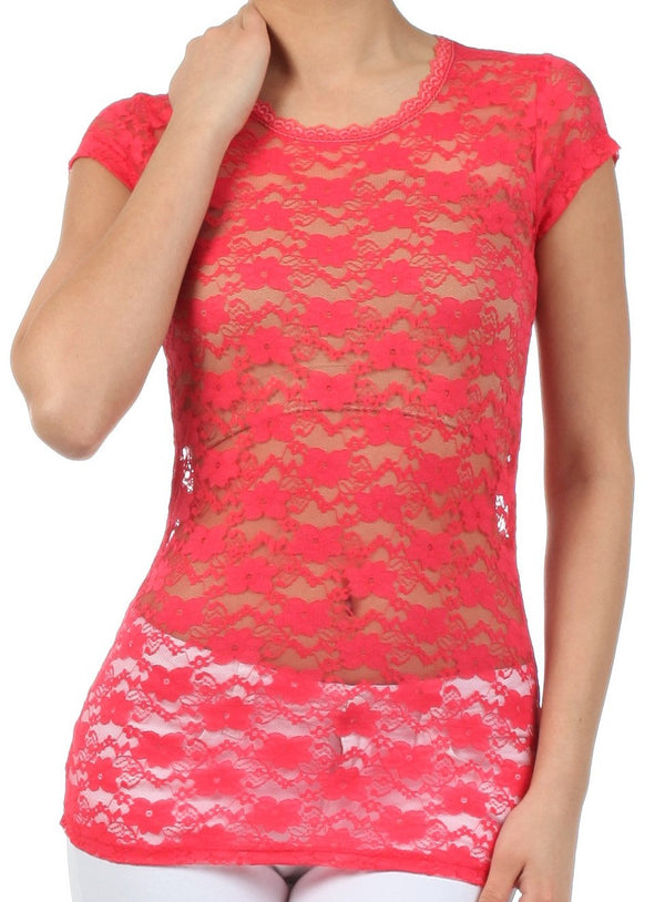 Sakkas Stretch Floral Lace Cap Sleeve Tunic Length Tee - Made in USA#color_Coral