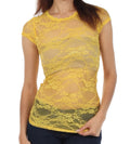 Sakkas Stretch Floral Lace Cap Sleeve Tunic Length Tee - Made in USA#color_Yellow