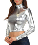 Sakkas Metallic Liquid Mock Neck Turtleneck Long Sleeve Crop Top - Made in USA