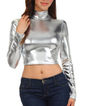 Sakkas Metallic Liquid Mock Neck Turtleneck Long Sleeve Crop Top - Made in USA#color_Silver