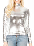 Sakkas Metallic Liquid Mock Neck Turtleneck Long Sleeve Top - Made in USA#color_Silver