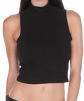 Sakkas Mock Neck Turtleneck Sleeveless Scuba Crop Top - Made in USA#color_Black