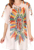 Sakkas Vilvetta Long Wide Adjustable Waist Poncho Top Blouse Feather Print CoverUp#color_White