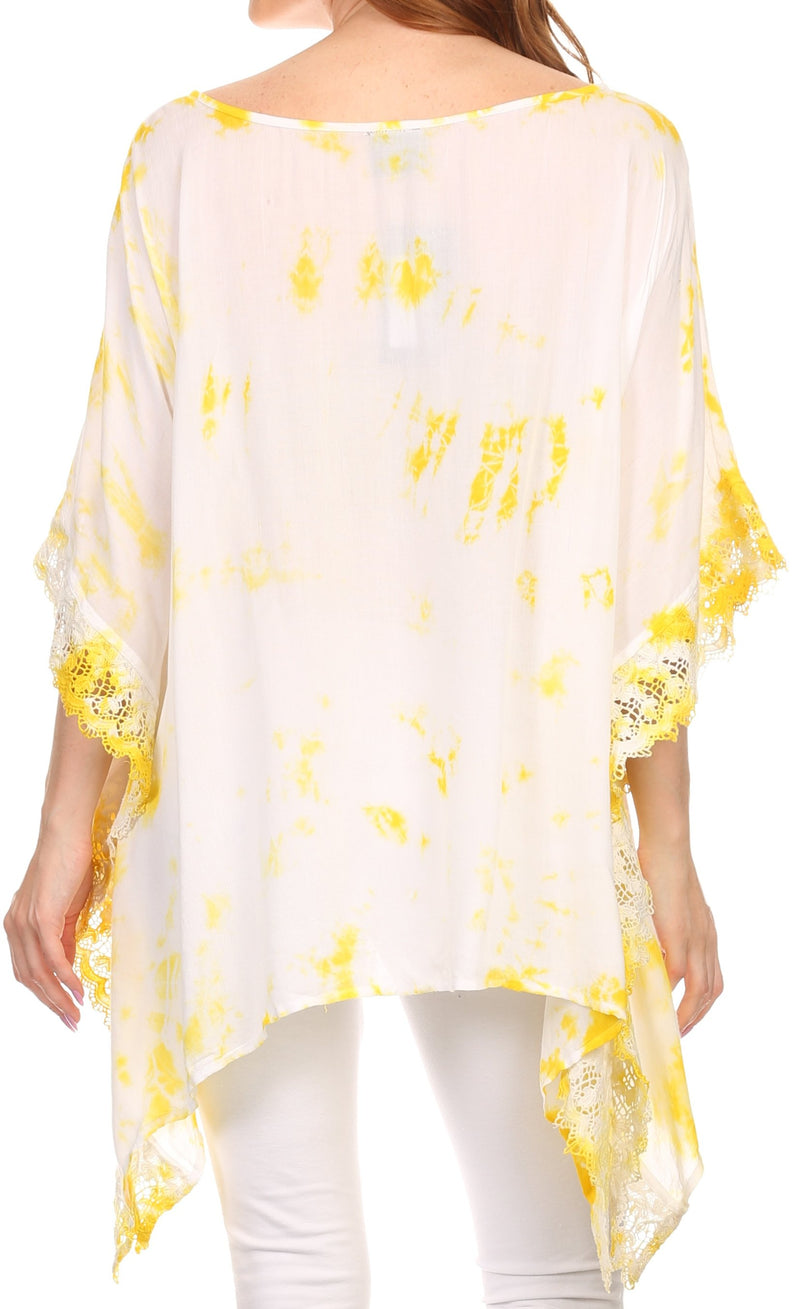 Sakkas Wayl Long Tall Wide Lace Embroidered Tie Dye Square Boxy Poncho Top Blouse
