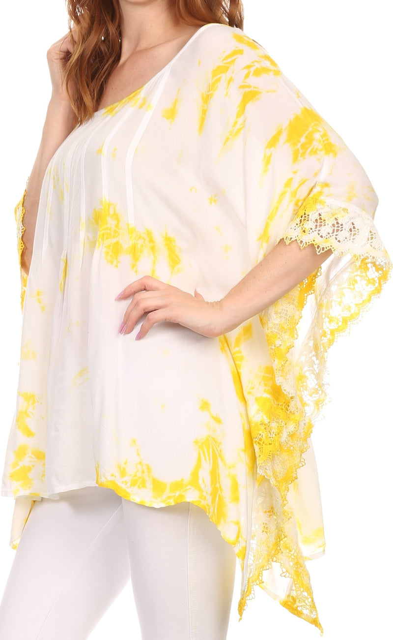 Sakkas Wayl Long Tall Wide Lace Embroidered Tie Dye Square Boxy Poncho Top Blouse