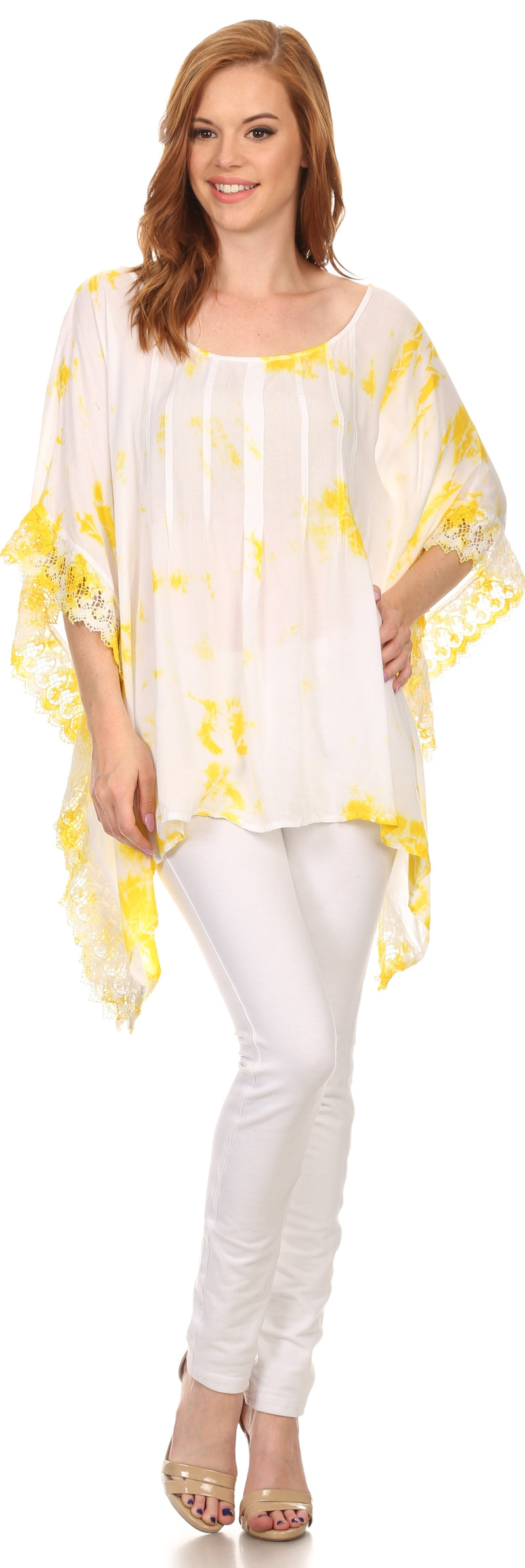 Sakkas Wayl Long Tall Wide Lace Embroidered Tie Dye Square Boxy Poncho Top Blouse