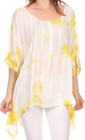 Sakkas Wayl Long Tall Wide Lace Embroidered Tie Dye Square Boxy Poncho Top Blouse#color_White / Yellow