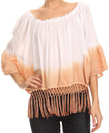 Sakkas Shax Short  Ombre Fringe Tassel 3/4 Wide Bell Sleeves Crop Top Blouse Shirt#color_Beige