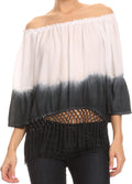 Sakkas Shax Short  Ombre Fringe Tassel 3/4 Wide Bell Sleeves Crop Top Blouse Shirt#color_Black