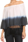 Sakkas Shax Short  Ombre Fringe Tassel 3/4 Wide Bell Sleeves Crop Top Blouse Shirt#color_Navy