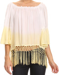 Sakkas Shax Short  Ombre Fringe Tassel 3/4 Wide Bell Sleeves Crop Top Blouse Shirt#color_Yellow
