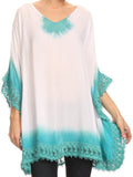 Sakkas Jix Long Embroidery Crochet Lace Tie Dye V Neck Poncho Blouse Shirt Top#color_Aqua