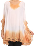 Sakkas Jix Long Embroidery Crochet Lace Tie Dye V Neck Poncho Blouse Shirt Top#color_Beige