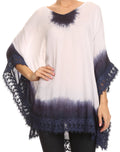 Sakkas Jix Long Embroidery Crochet Lace Tie Dye V Neck Poncho Blouse Shirt Top#color_Blue