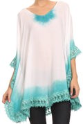 Sakkas Jix Long Embroidery Crochet Lace Tie Dye V Neck Poncho Blouse Shirt Top#color_Turquoise