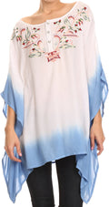 Sakkas Saleei Long Wide Square Ombre Floral Embroidered  Jewel Button Poncho Top #color_White / Blue