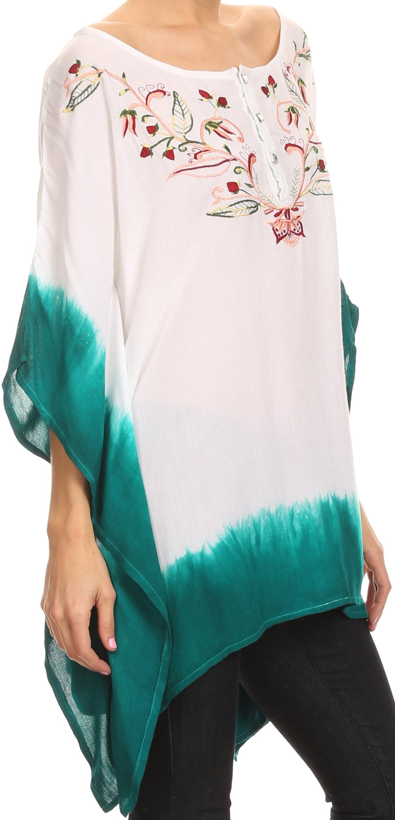 Sakkas Saleei Long Wide Square Ombre Floral Embroidered  Jewel Button Poncho Top