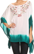 Sakkas Saleei Long Wide Square Ombre Floral Embroidered  Jewel Button Poncho Top #color_White / Green