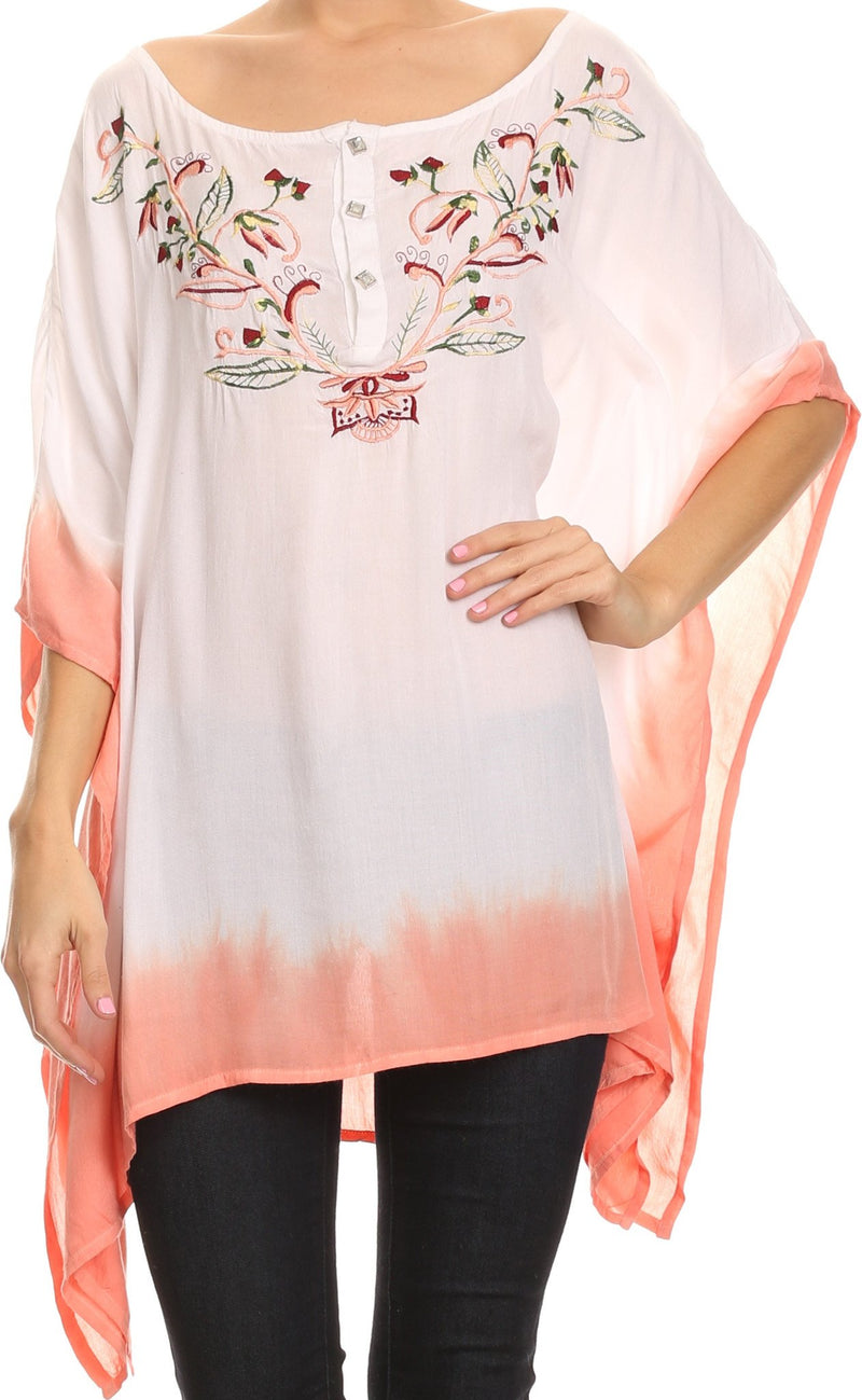 Sakkas Saleei Long Wide Square Ombre Floral Embroidered  Jewel Button Poncho Top