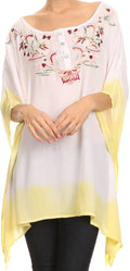 Sakkas Saleei Long Wide Square Ombre Floral Embroidered  Jewel Button Poncho Top #color_White / Yellow