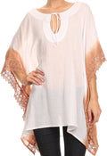 Sakkas Konn Adjustable Draw String Neck Embroidered Long Poncho Shirt Blouse Top#color_White/Beige