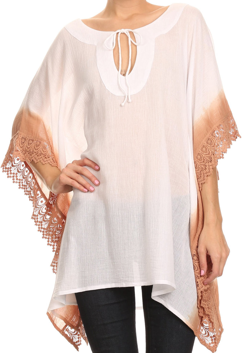 Sakkas Konn Adjustable Draw String Neck Embroidered Long Poncho Shirt