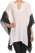 Sakkas Konn Adjustable Draw String Neck Embroidered Long Poncho Shirt Blouse Top#color_White/Black
