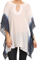 Sakkas Konn Adjustable Draw String Neck Embroidered Long Poncho Shirt Blouse Top#color_White/Navy