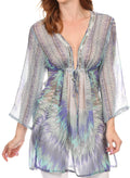 Sakkas Emtha Long Wide 3/4 Sleeve Deep Scoop Neck Printed Beaded Tunic Blouse Top#color_Blue