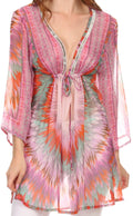 Sakkas Emtha Long Wide 3/4 Sleeve Deep Scoop Neck Printed Beaded Tunic Blouse Top#color_Pink