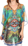Sakkas Sola Wide Long Tall Printed V-Neck Sleeveless Rhinestones Poncho Blouse Top#color_Multicolored