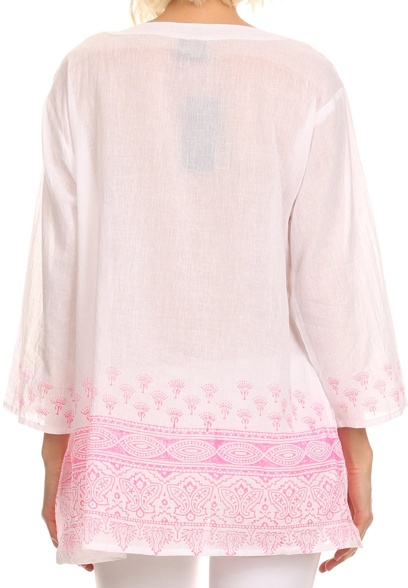 Sakkas Siela Long Tall Long Sleeve Henley Neck Printed Tunic Shirt Blouse Top