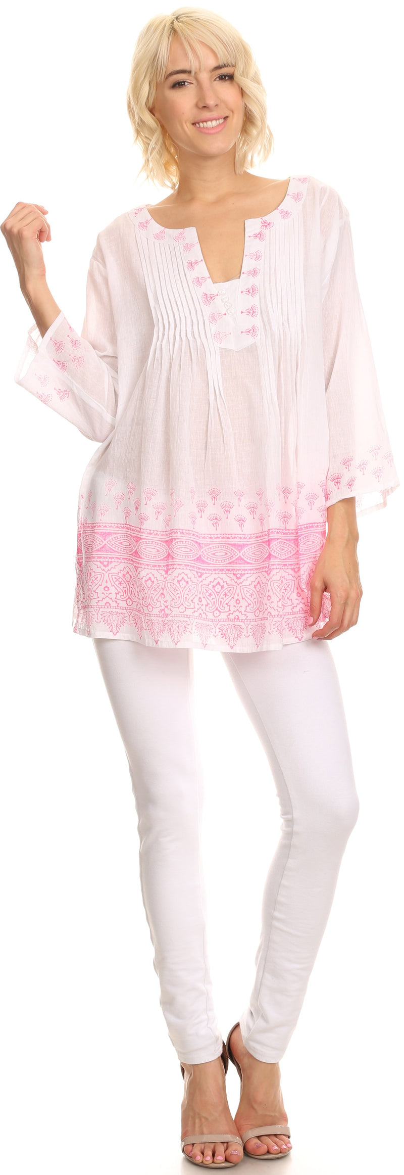 Sakkas Siela Long Tall Long Sleeve Henley Neck Printed Tunic Shirt Blouse Top