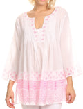 Sakkas Siela Long Tall Long Sleeve Henley Neck Printed Tunic Shirt Blouse Top#color_Pink