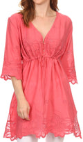 Sakkas Raestelle Long Tall Embroidered Button Up Adjustable Tunic Blouse Top#color_Melon